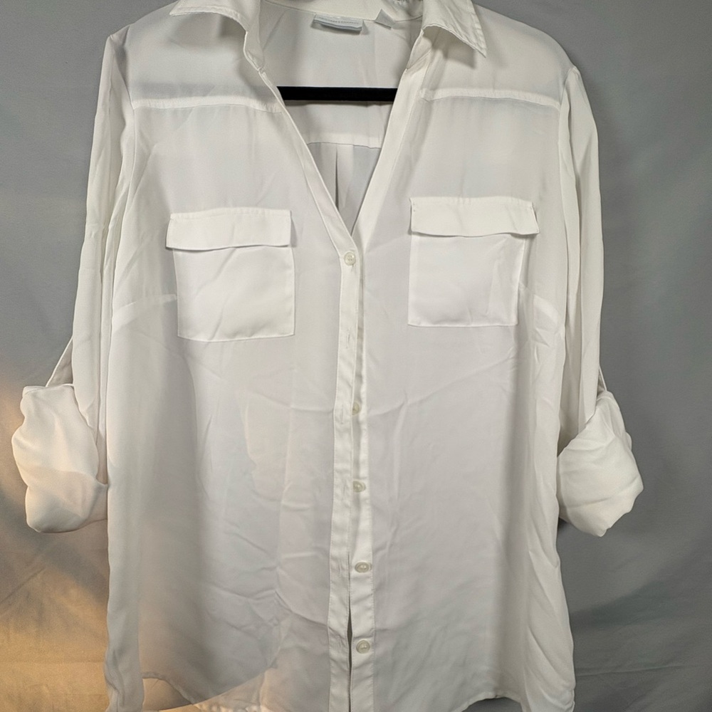 New York & Company Classic White Button Down Shirt Womens Size L v-Neck
